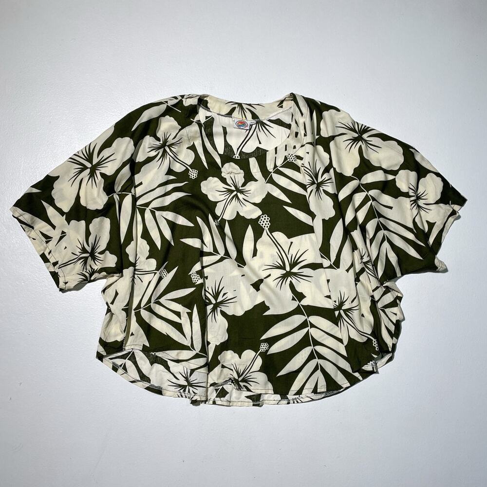 Vtg 90s MAKAI BEACH Hawaii Green Tropical Floral Top S/M / Rayon Dolman Sleeves